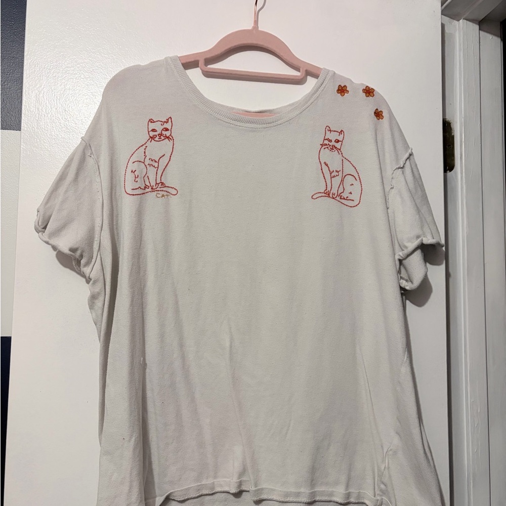We The Free White Short Sleeve Tee with Red Cat Embroidery